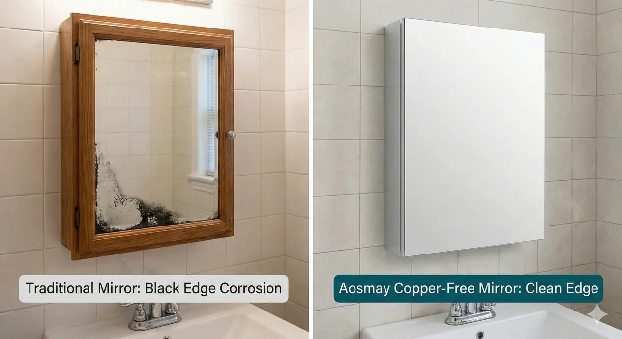 Comparison: Black edge corrosion on traditional mirror vs. clean edge of Aosmay's copper-free silver mirror in a medicine cabinet.