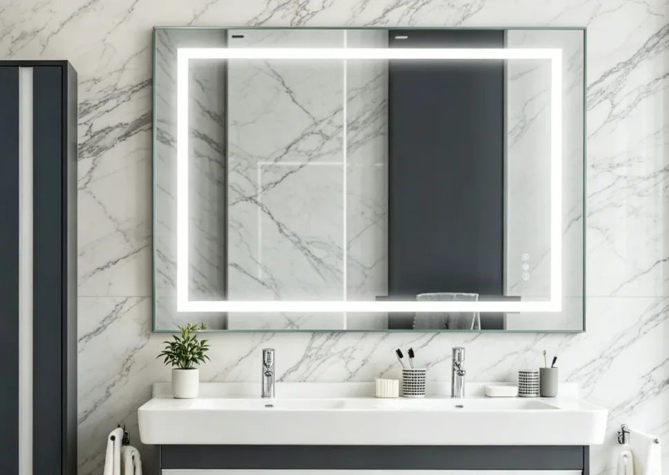 Are LED Mirrors Good For Makeup? This Aosmay commercial-grade mirror installed in a luxury hotel demonstrates the perfect shadow-free illumination for cosmetic applications.