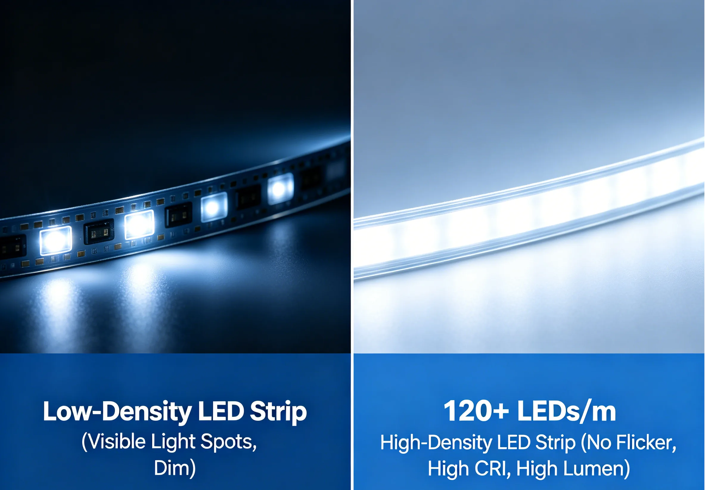 Technical comparison showing the superior brightness of Aosmay high-density LED lights for mirrors compared to standard consumer-grade lighting strips