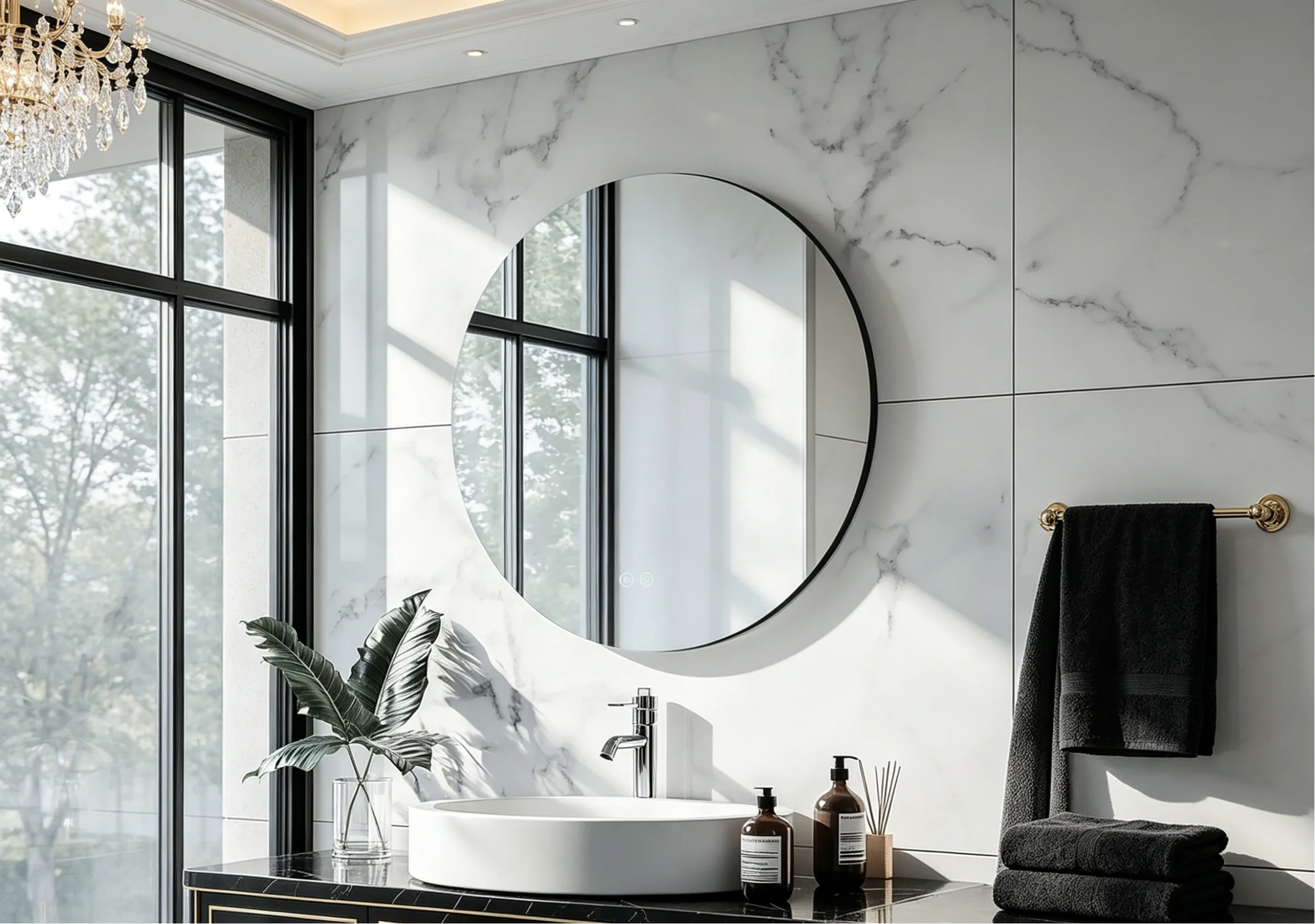 A high-quality commercial-grade LED Mirror manufactured by Aosmay, installed in a modern luxury hotel bathroom, showcasing even and shadow-free illumination.