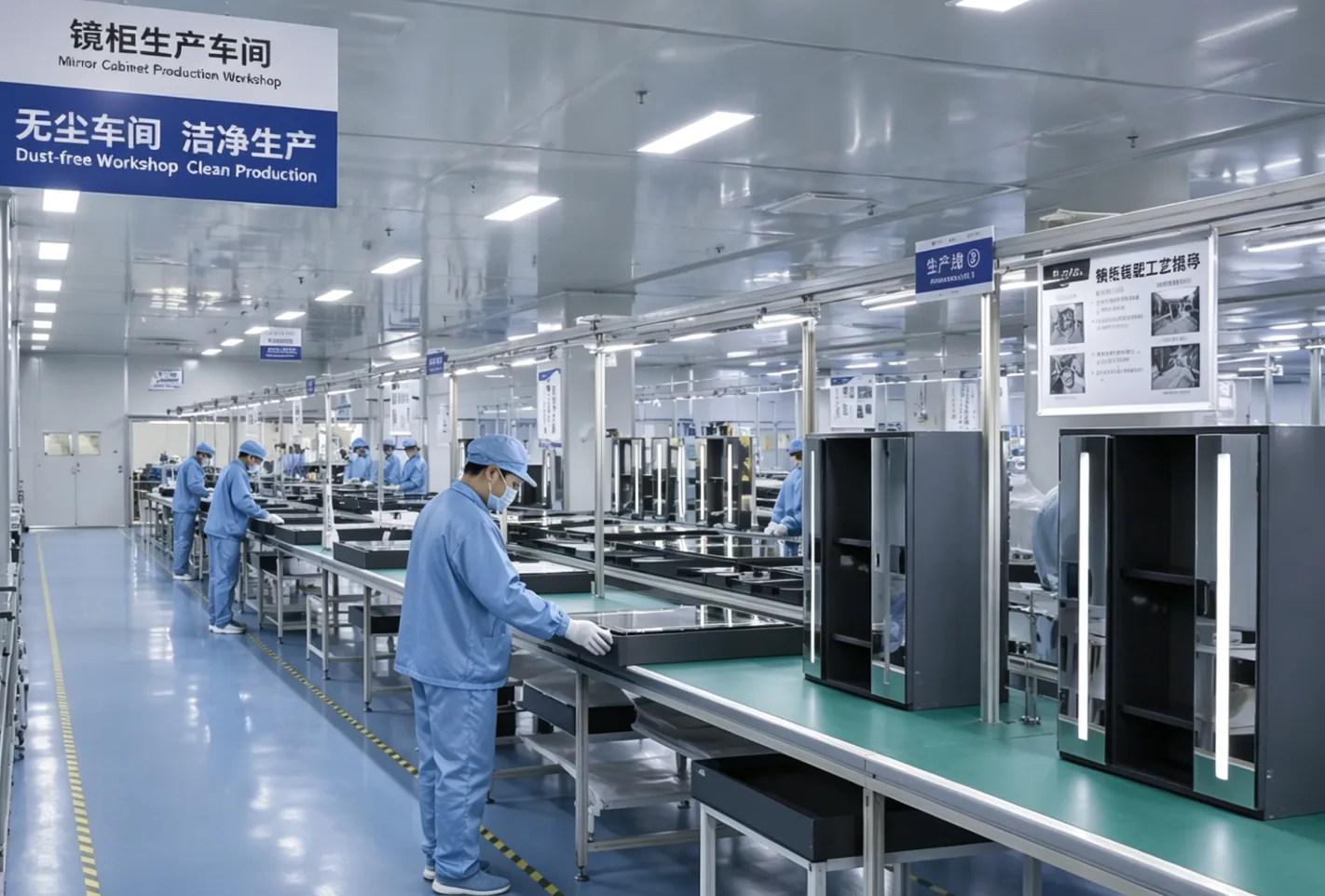 Aosmay's 50,000 sqm factory floor in China, where workers are meticulously assembling high-CRI integrated LED bathroom mirrors for international wholesale clients.