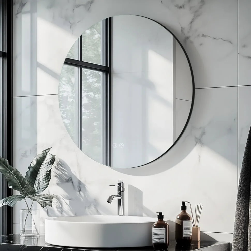 Aosmay 24 × 24 inches LED round mirror is a wall-mounted LED mirror featuring a stylish black aluminium frame.