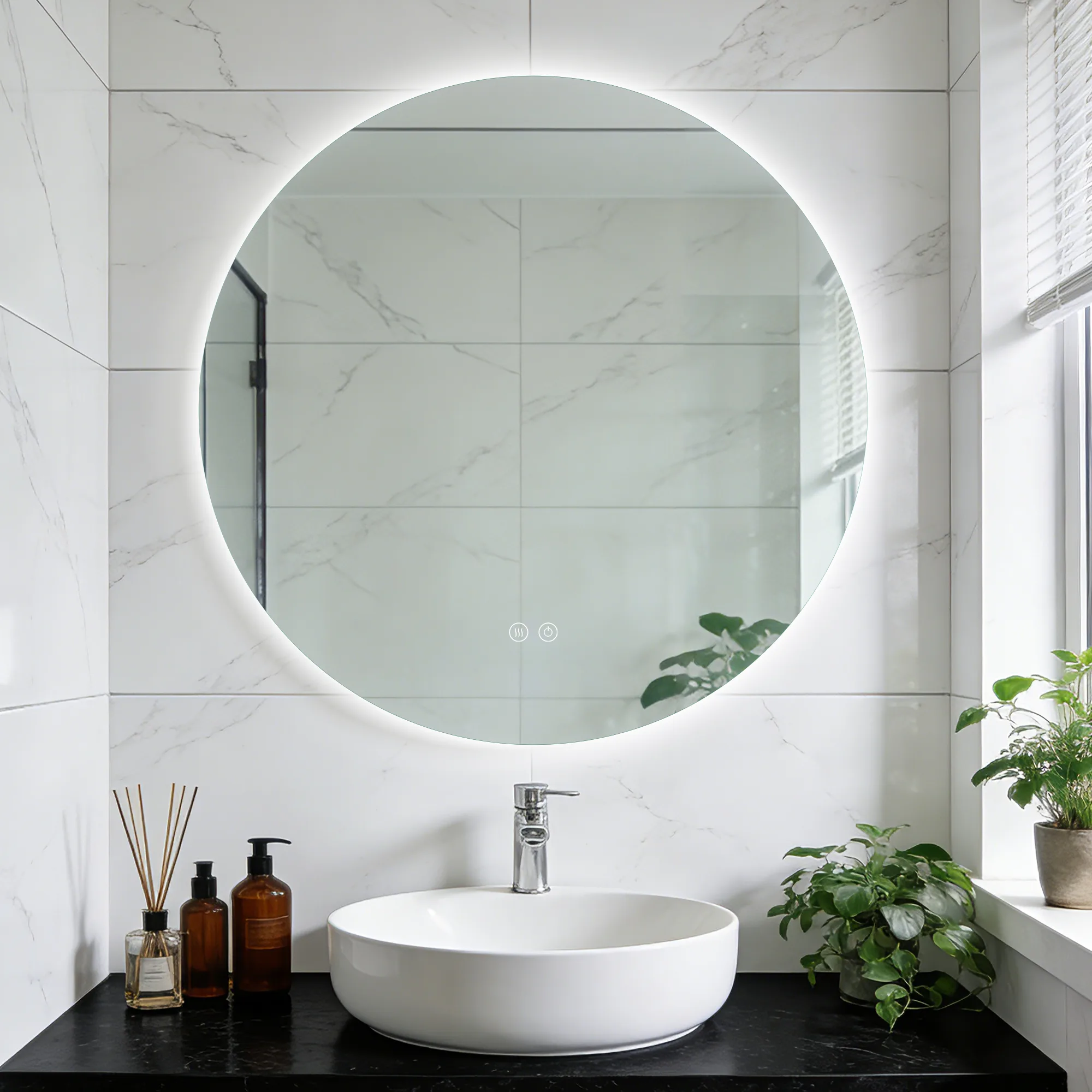 Aosmay 24 × 24 inches LED round mirror is a wall-mounted LED mirror featuring a stylish black aluminium frame.