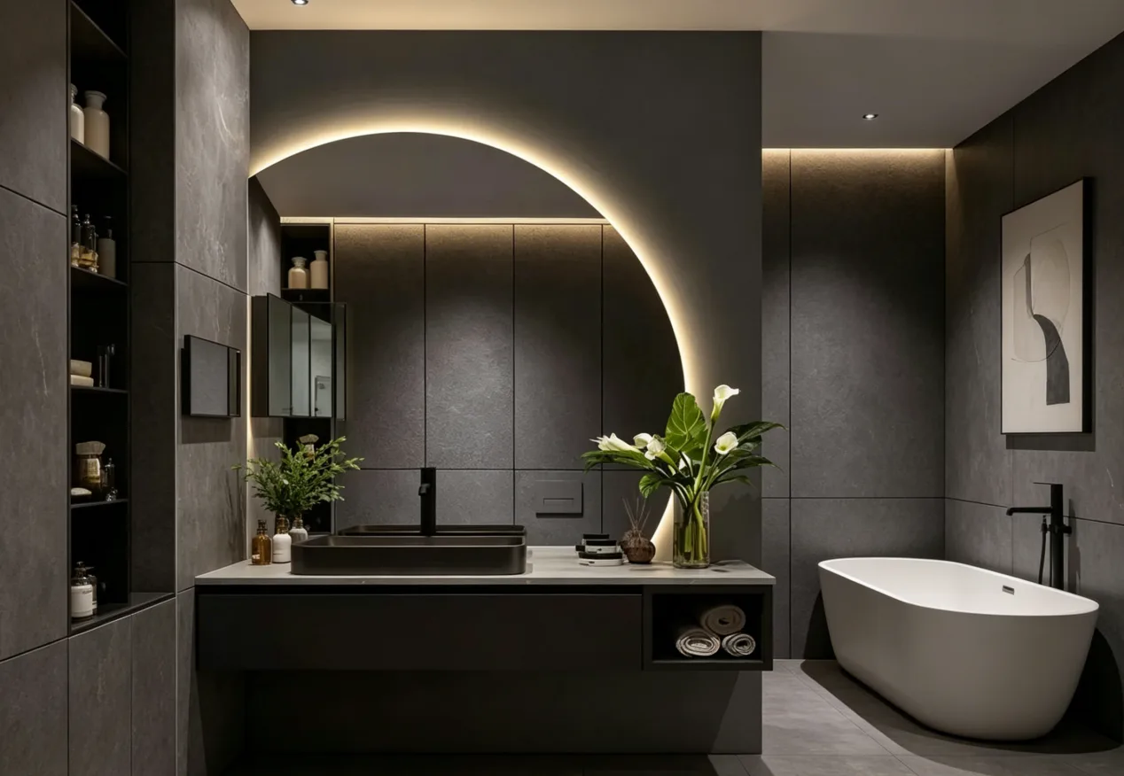 A luxury commercial backlit led mirror bathroom design featuring a high-lumen fixture for perfect ambient lighting.