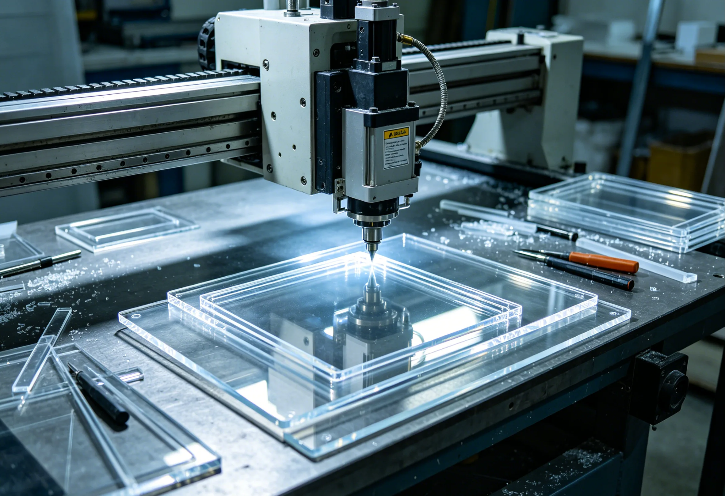 Precision CNC diamond polishing process for an Aosmay acrylic framed mirror.
