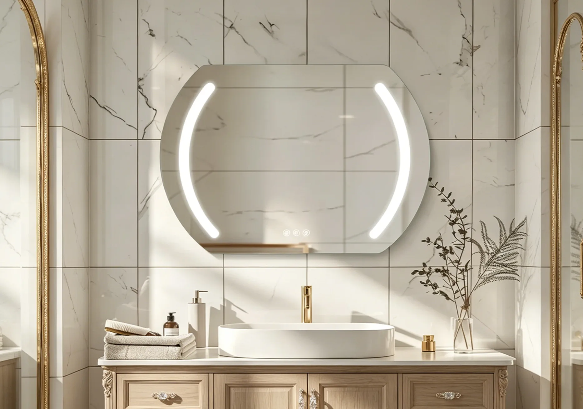 A luxurious commercial bathroom featuring a premium Aosmay LED light mirror with shadow-free illumination.
