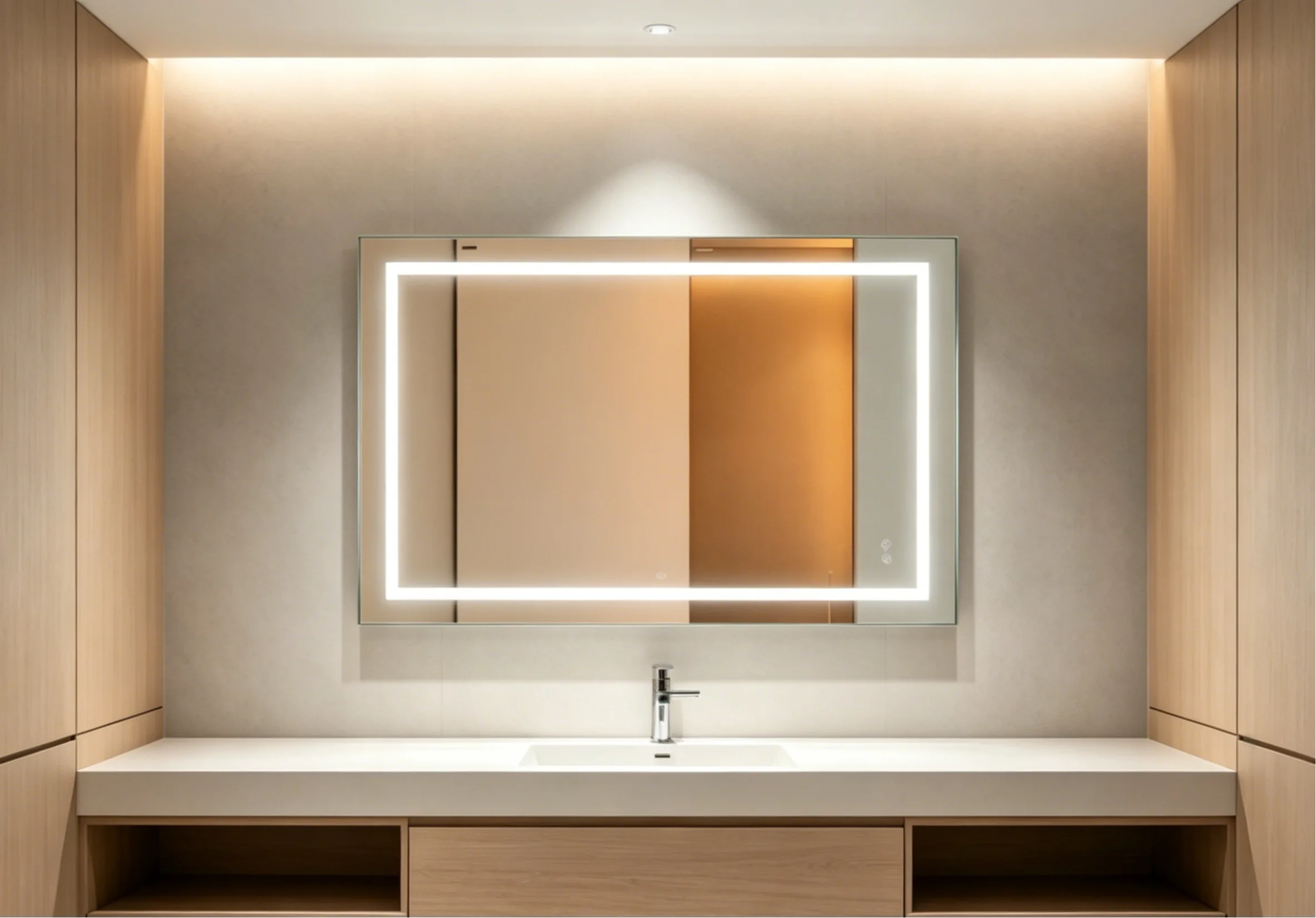 High-end frameless led bathroom mirror installed in a luxury hotel project.
