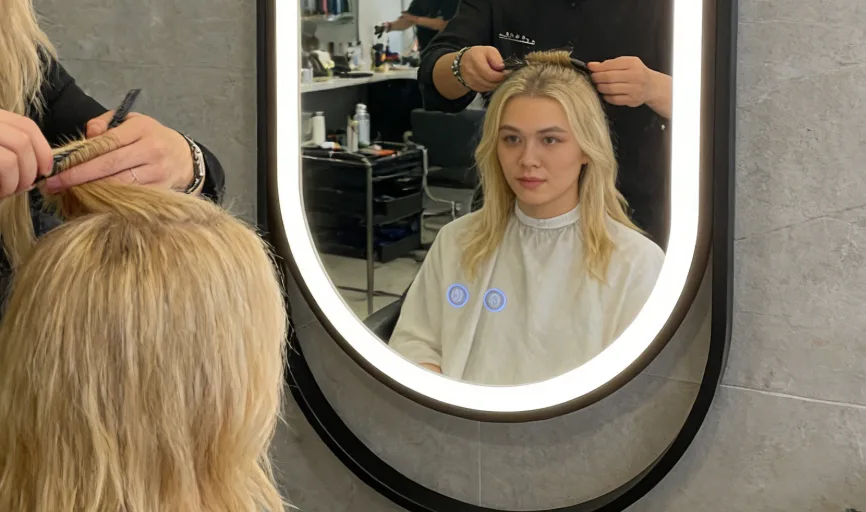 High-lumen led light mirror used by professional stylists in a luxury hair salon for accurate color rendering.
