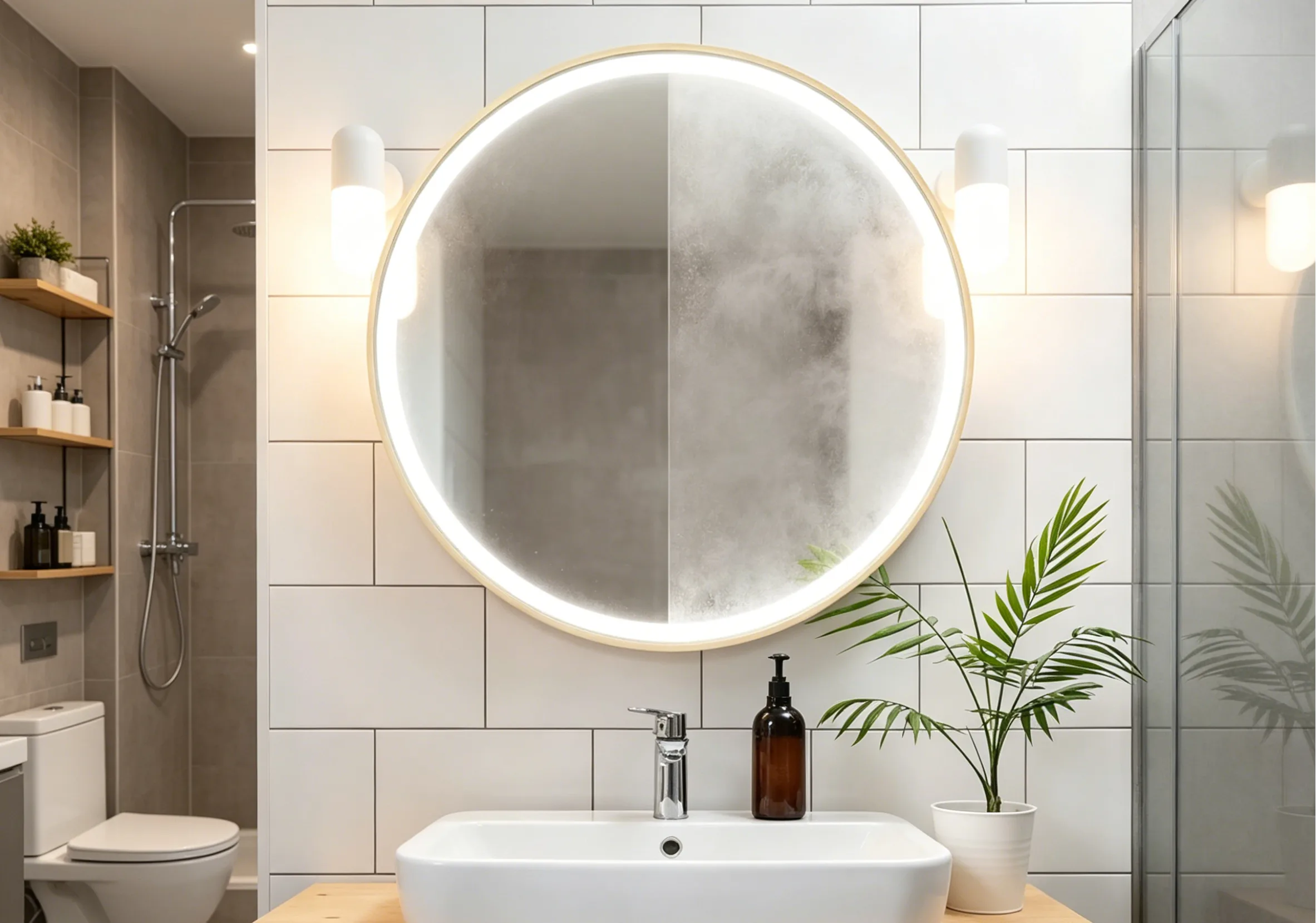 Space-saving led bath mirror with smart touch controls and anti-fog technology installed in a modern apartment.
