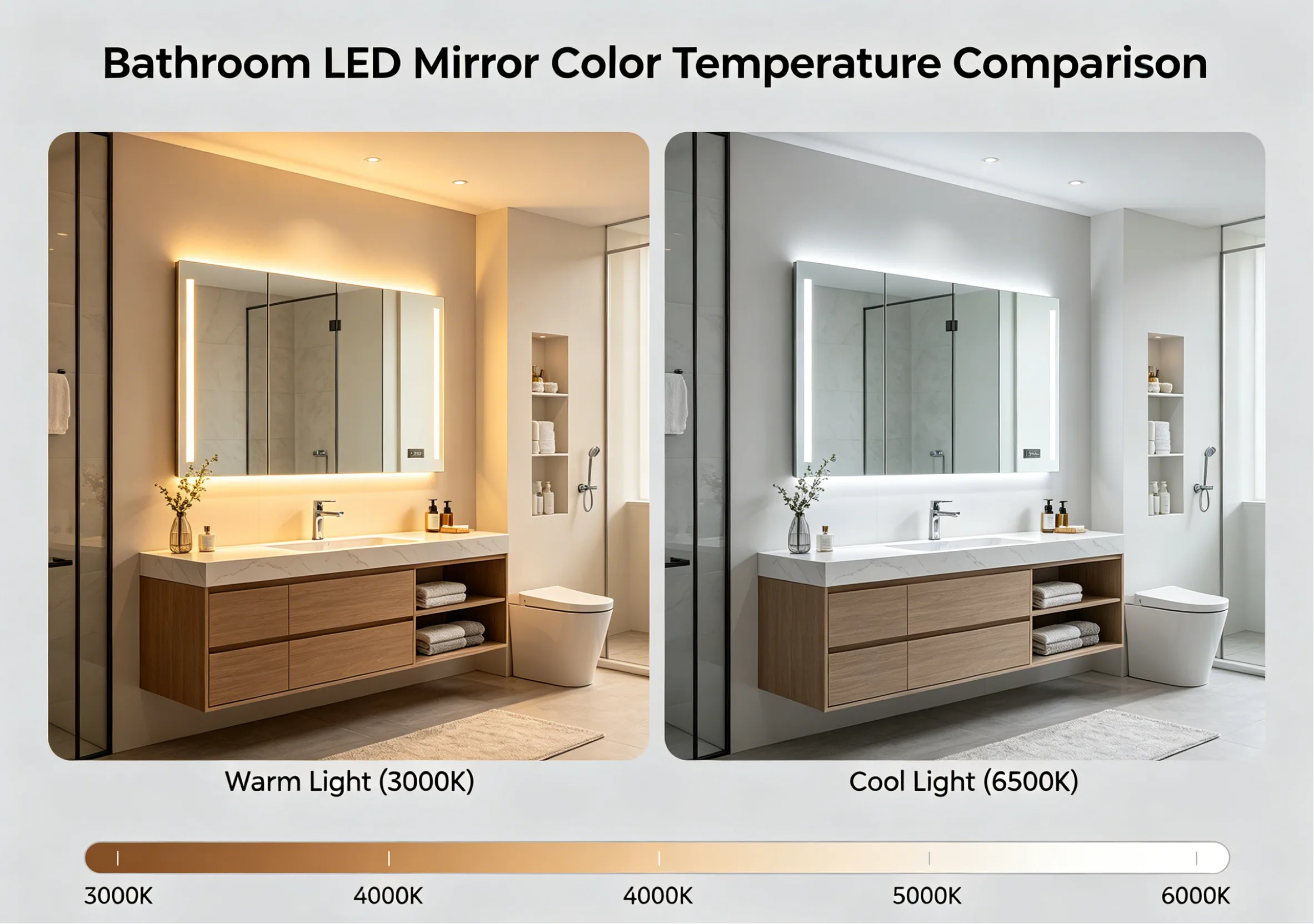 Commercial-grade LED mirrors offering tunable color temperatures from 3000K warm light to 6000K daylight.