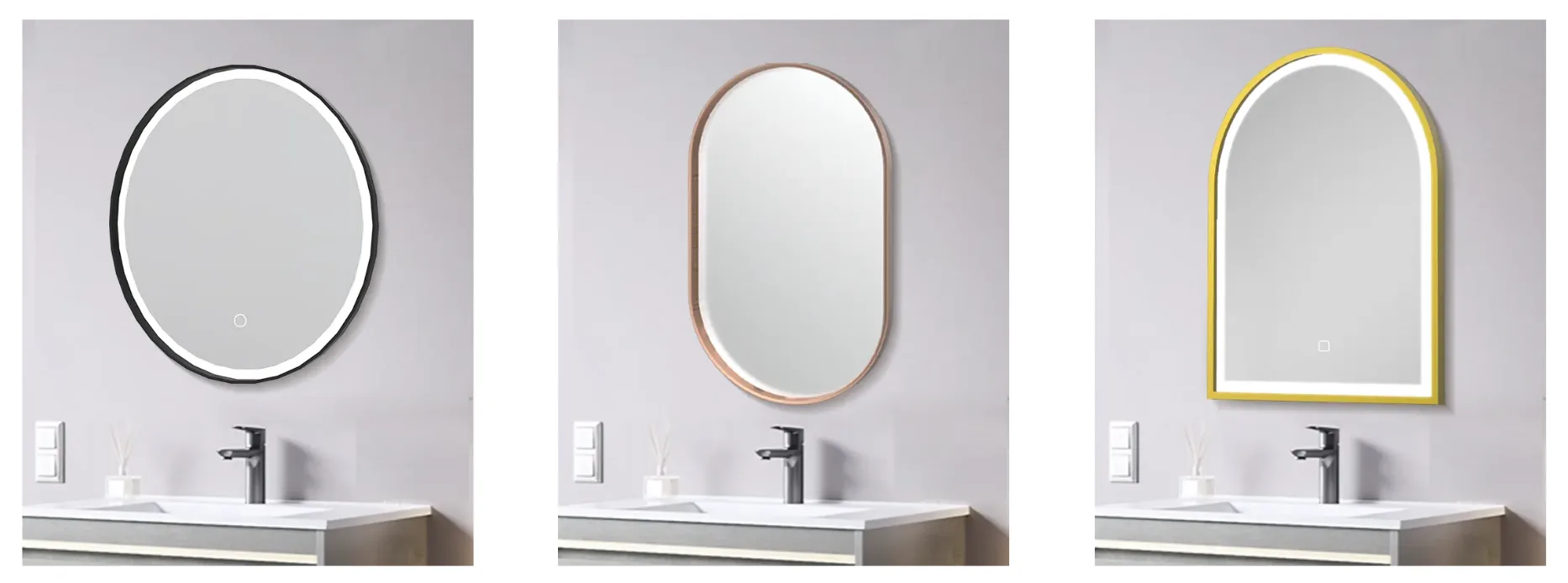 Custom arched lighted bathroom mirror with frosted edges, highlighting premium OEM geometric CNC cutting capabilities.