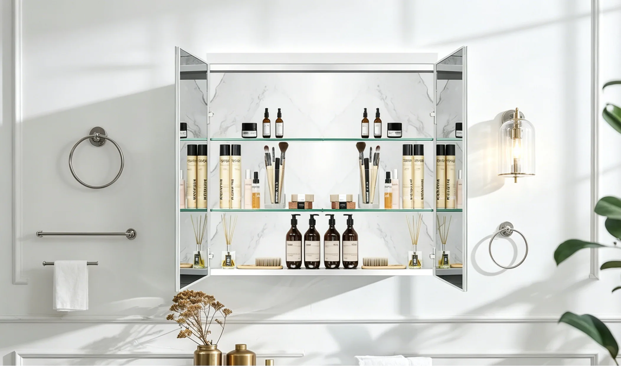Modern wall mounted mirror cabinet in a commercial bathroom, demonstrating how much weight can a bathroom mirror cabinet hold safely