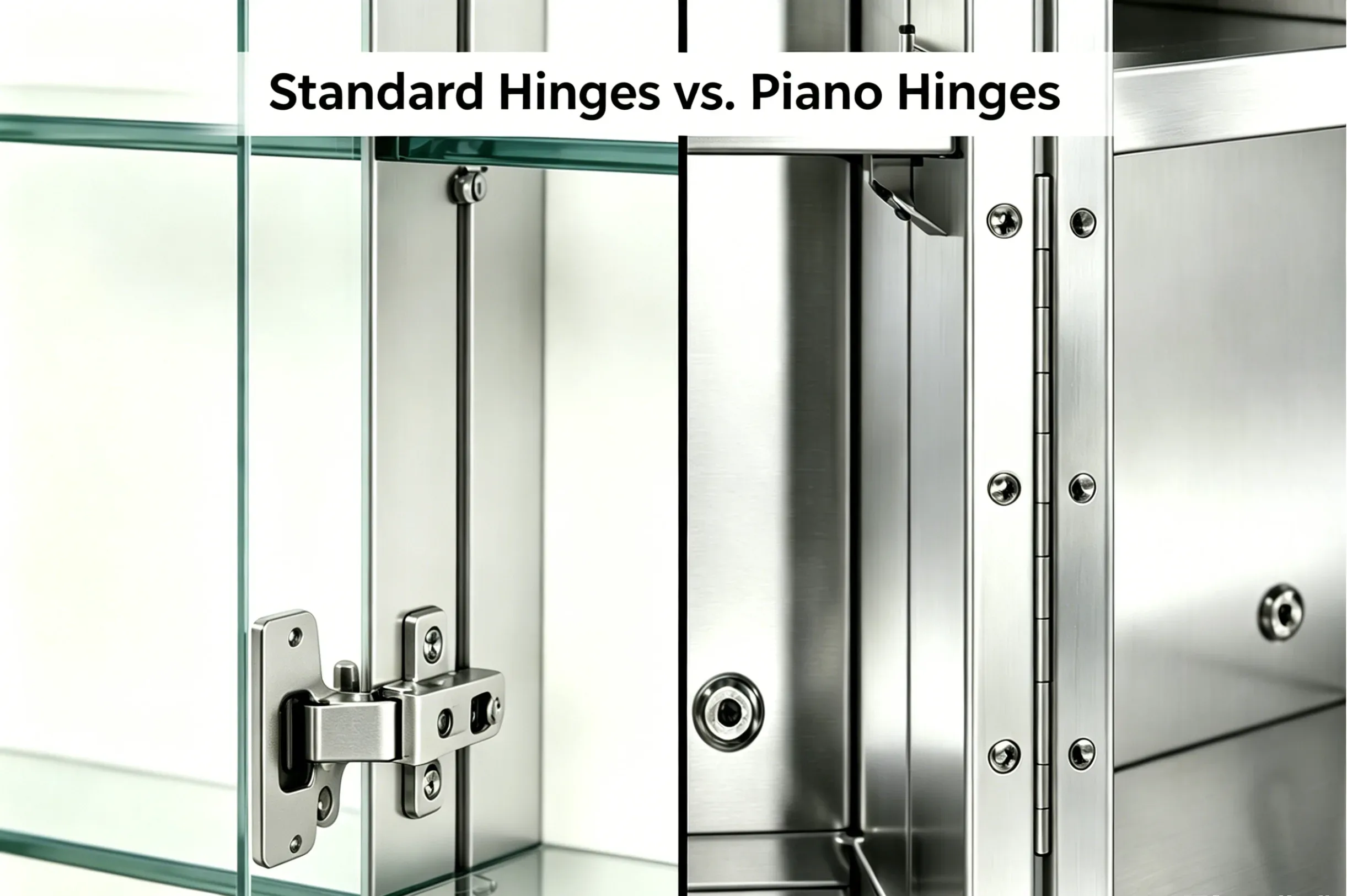 Close-up of continuous piano hinges on a heavy-duty wall mounted mirror cabinet ensuring structural safety.