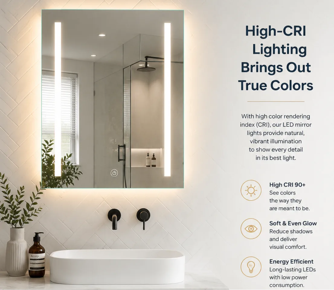 High CRI external lighting on an Aosmay medicine cabinet, designed for premium commercial projects.