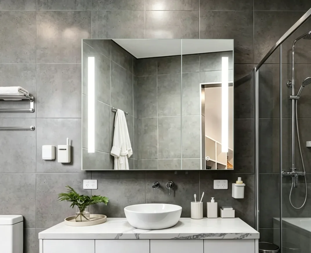 Perfect gap lines and symmetrical reveals on premium double-door Mirror Cabinets in a commercial bathroom layout.