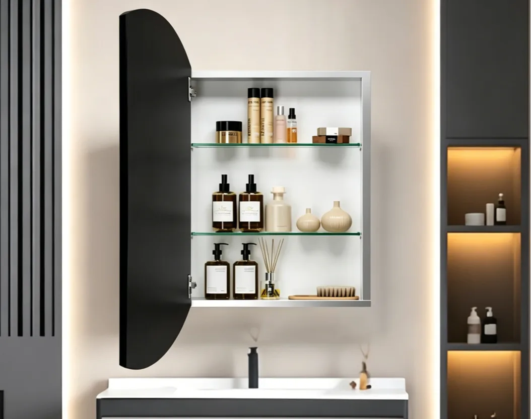 High-end commercial mirror cabinet with open door, highlighting heavy-duty medicine cabinet hinges designed for hospitality projects.
