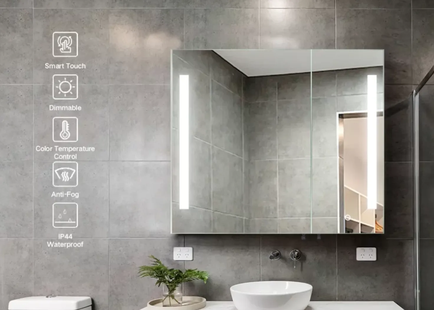 Lighted mirror medicine cabinet with LED lighting for modern hotel and apartment bathrooms