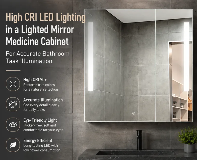 High CRI LED lighting in a lighted mirror medicine cabinet for accurate bathroom task illumination