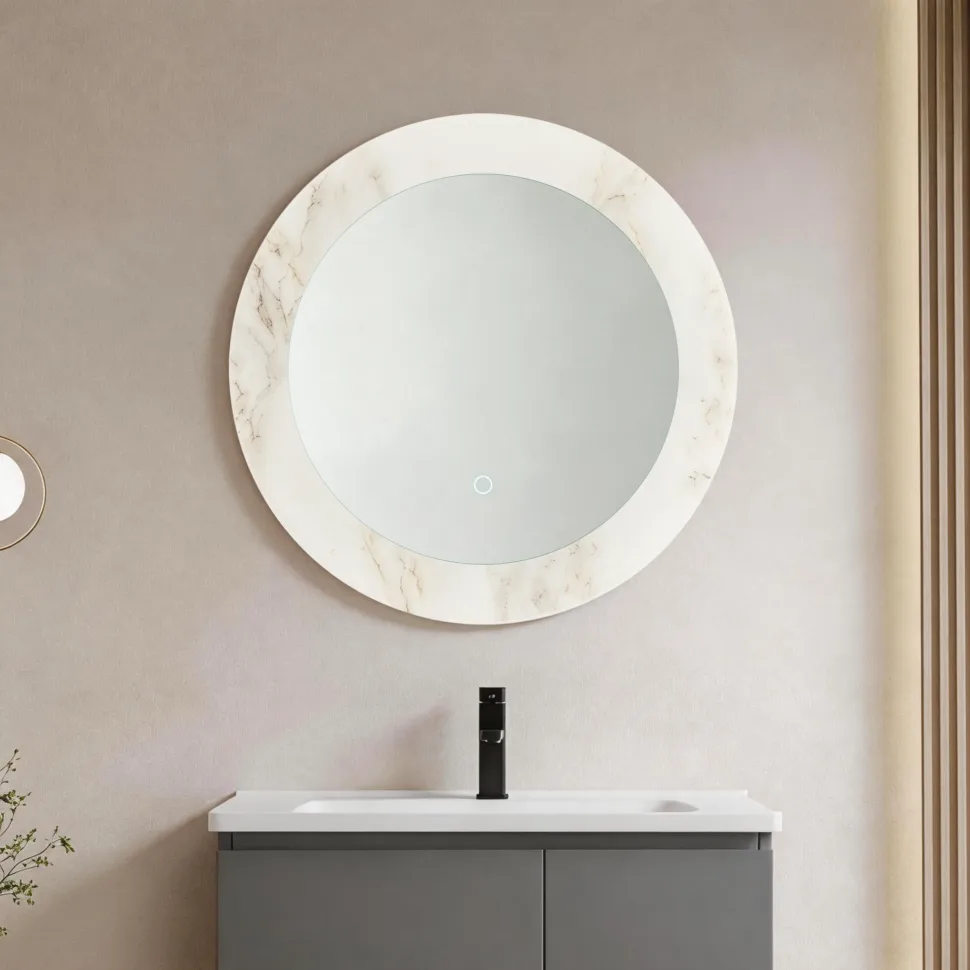 Aosmay Round LED Bathroom Mirror with backlit lighting and frameless design