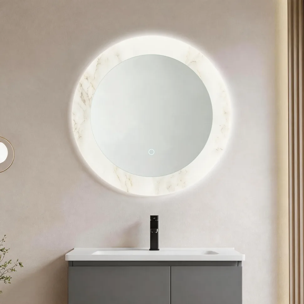 Aosmay Round LED Bathroom Mirror with backlit lighting and frameless design