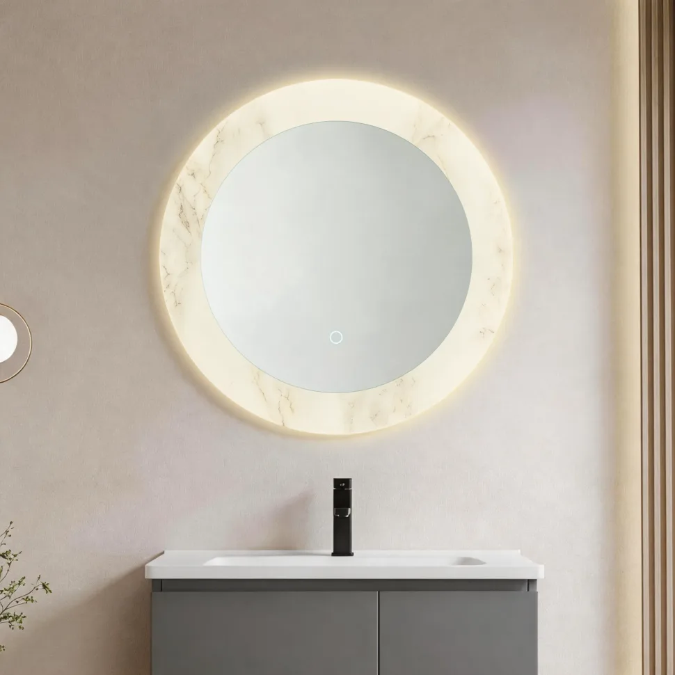 Aosmay Round LED Bathroom Mirror with backlit lighting and frameless design