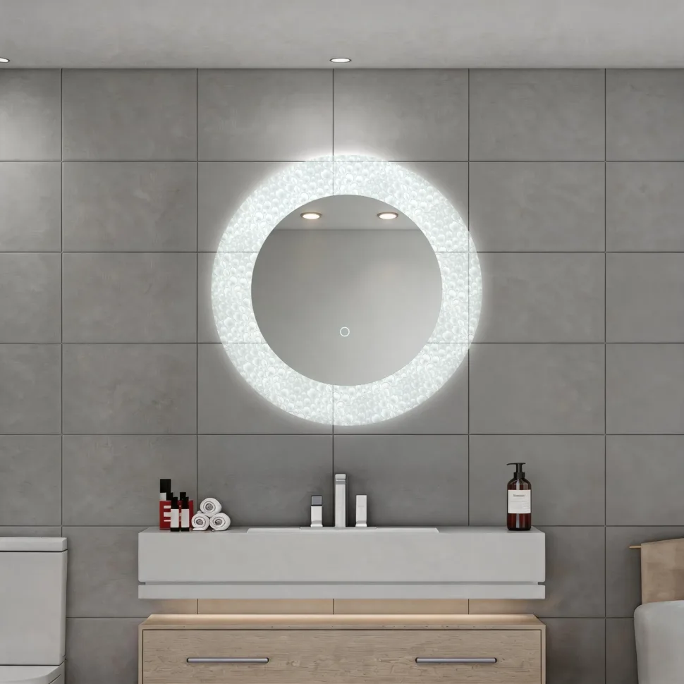 Aosmay 23.6 inch frameless LED round bathroom mirror with textured acrylic backlight