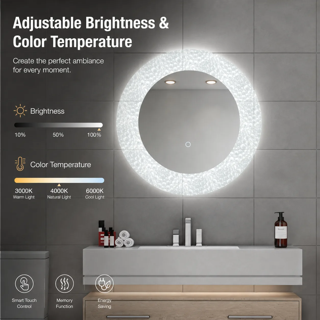Aosmay dimmable LED bathroom mirror with adjustable color temperature