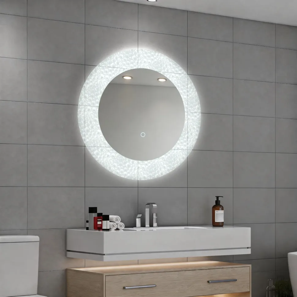 Aosmay 23.6 inch frameless LED round bathroom mirror with textured acrylic backlight