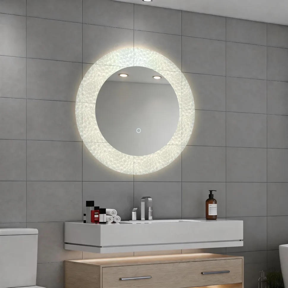 Aosmay backlit round bathroom mirror with dimmable LED lighting