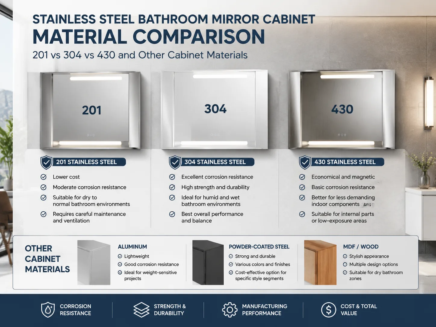 Explore bathroom mirror cabinet materials with our 201 vs 304 vs 430 stainless steel comparison. Learn how to choose the right stainless steel mirror cabinet.