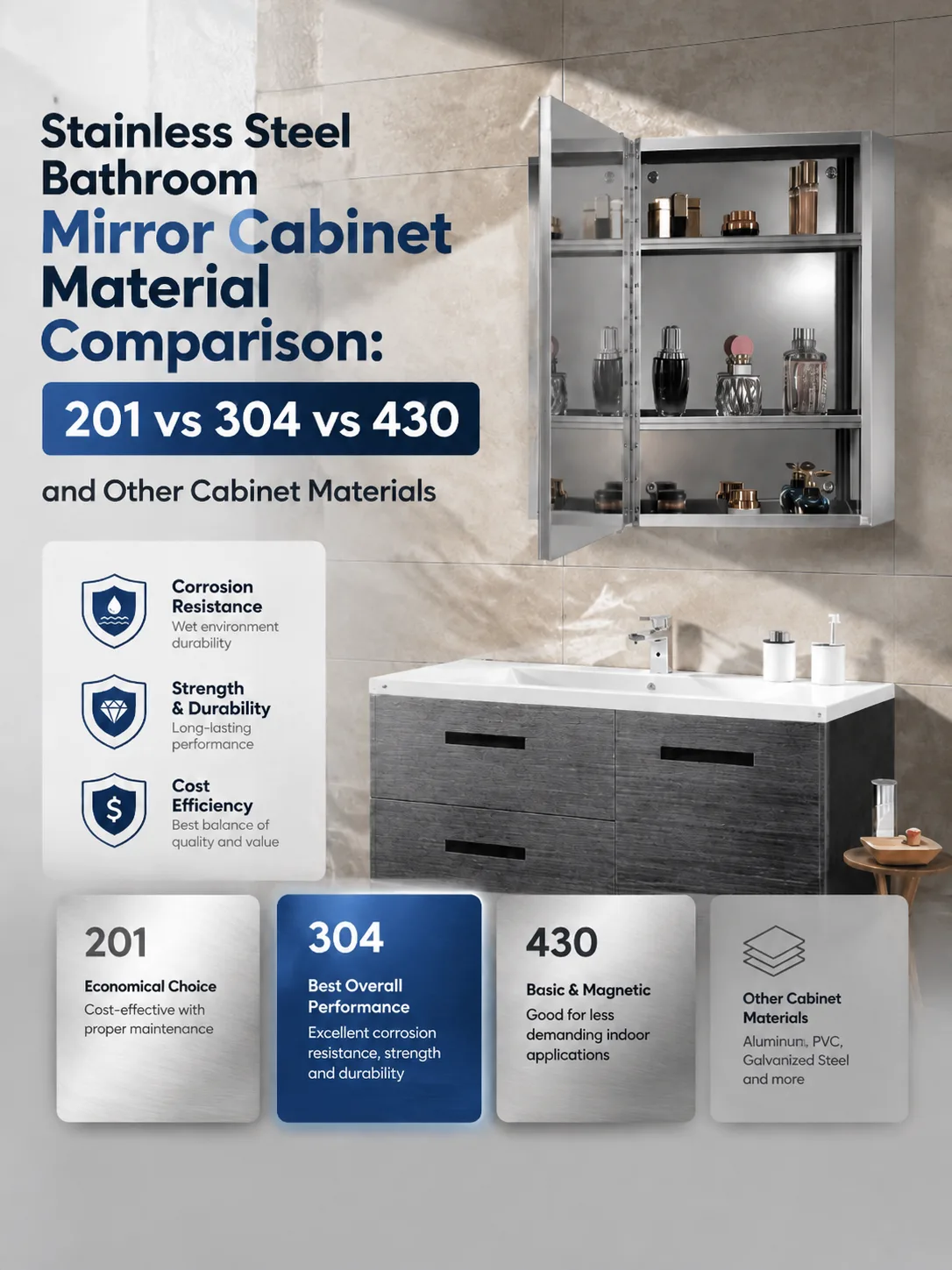 Explore bathroom mirror cabinet materials with our 201 vs 304 vs 430 stainless steel comparison. Learn how to choose the right stainless steel mirror cabinet.