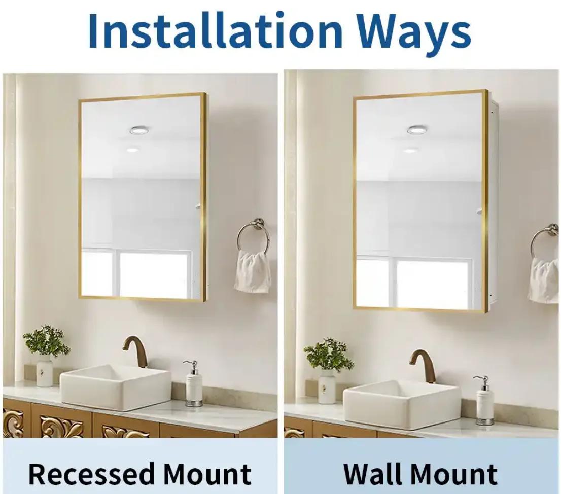 16*28 inches Gold Powder Coating Wall Mount or Recessed Bathroom Medicine Cabinet with Mirror