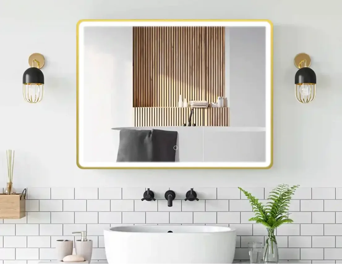 Aosmay 38×30 Inch Stainless Steel LED Mirror with Gold Frame