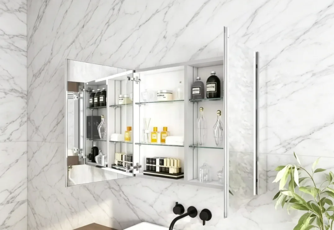 Small bathroom with space-saving medicine cabinet