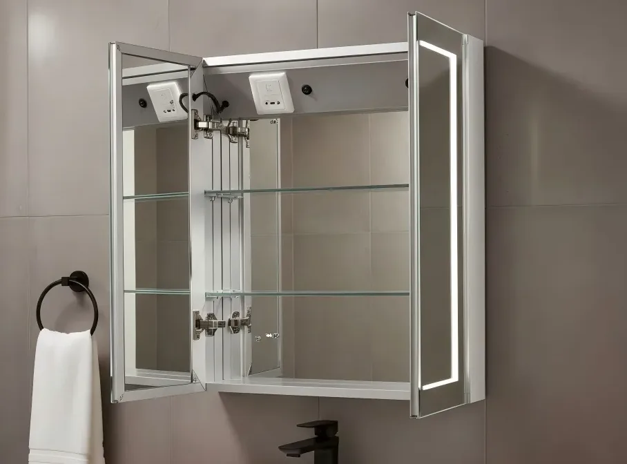 LED mirror cabinet with integrated lighting and storage