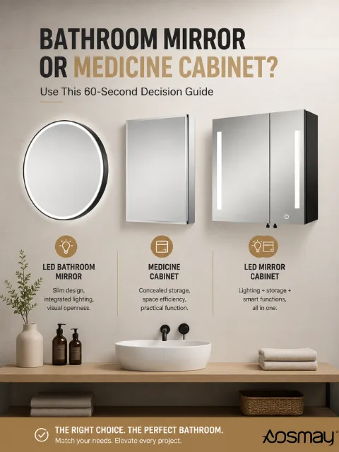Choose a bathroom mirror or medicine cabinet? Answer 7 quick questions about storage, space, design, and installation to find the right option.