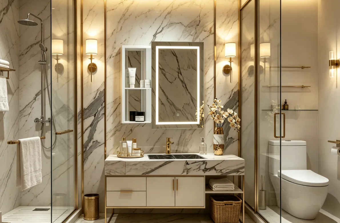 A luxury hotel vanity featuring an IP44 waterproof mirror cabinet, demonstrating the correct LED bathroom mirror cabinet IP rating for Zone 2 installation.