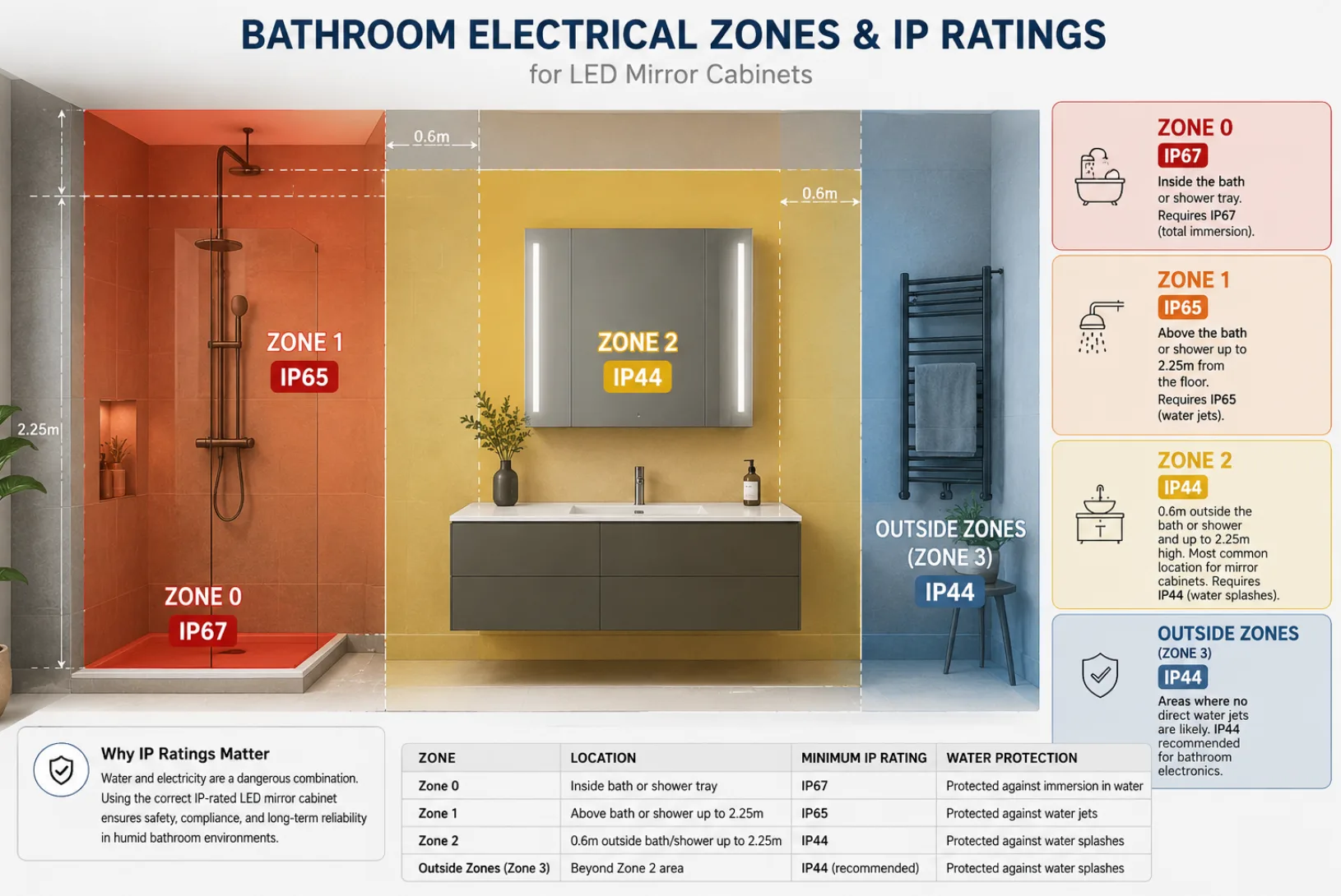 Bathroom electrical zones and IP ratings for LED mirror cabinets