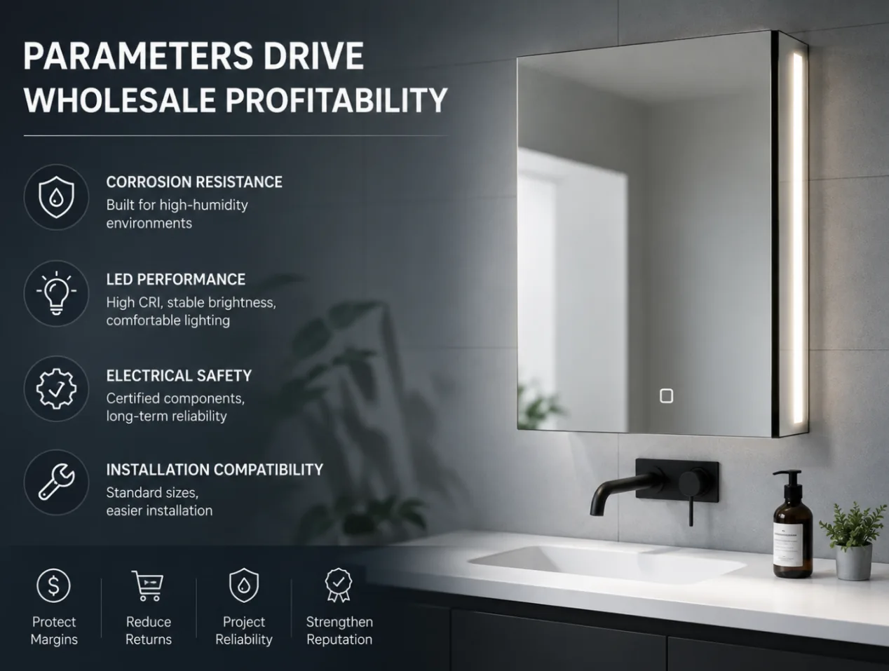 A luxury commercial hotel bathroom featuring premium wholesale lighted medicine cabinets manufactured by AOSMAY for global B2B procurement.