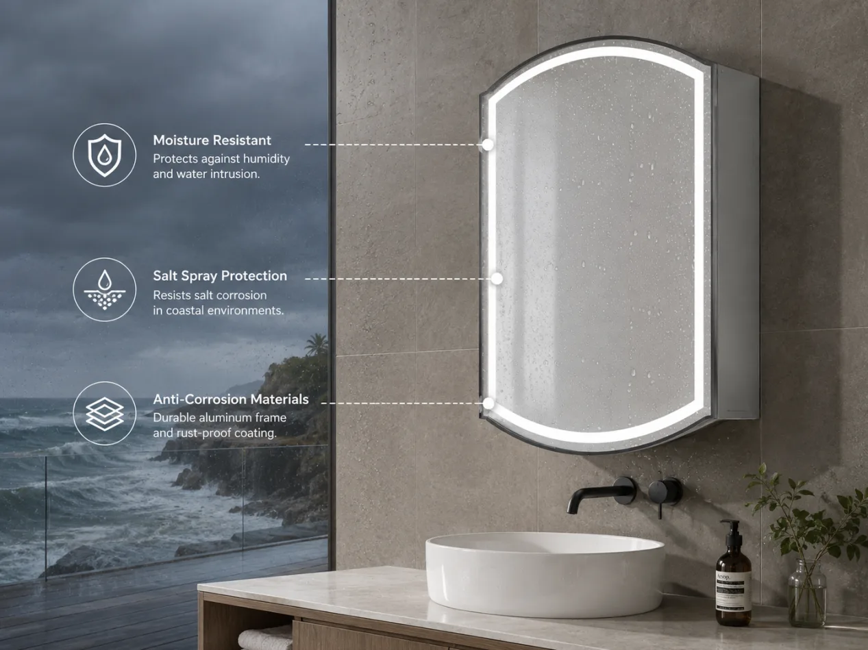 Coastal bathroom environment with salt spray and high humidity