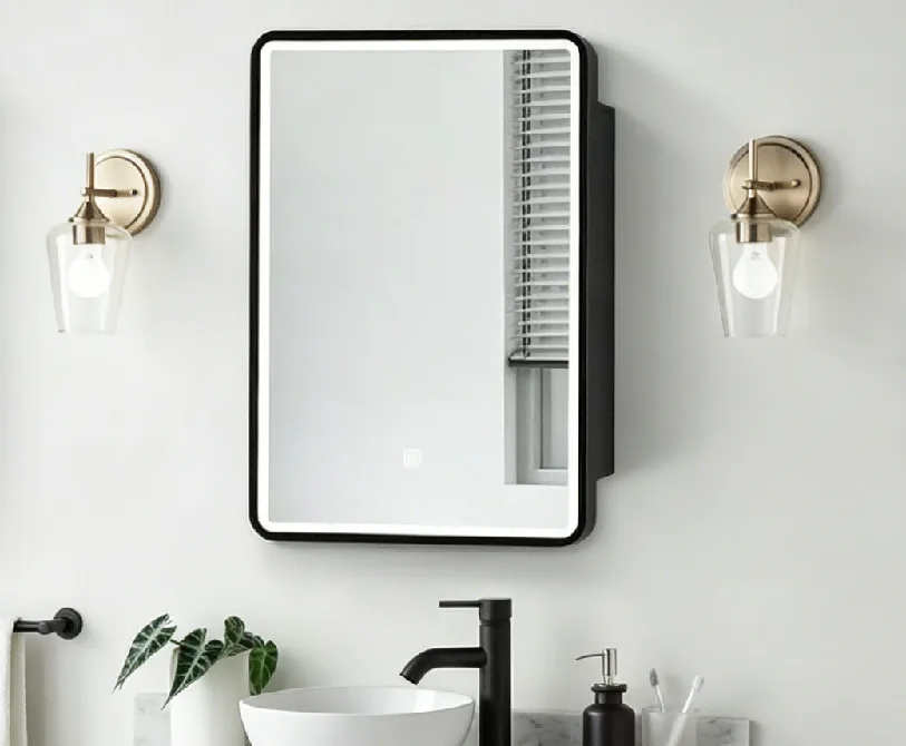 Powder-coated iron mirror cabinet for commercial bathrooms