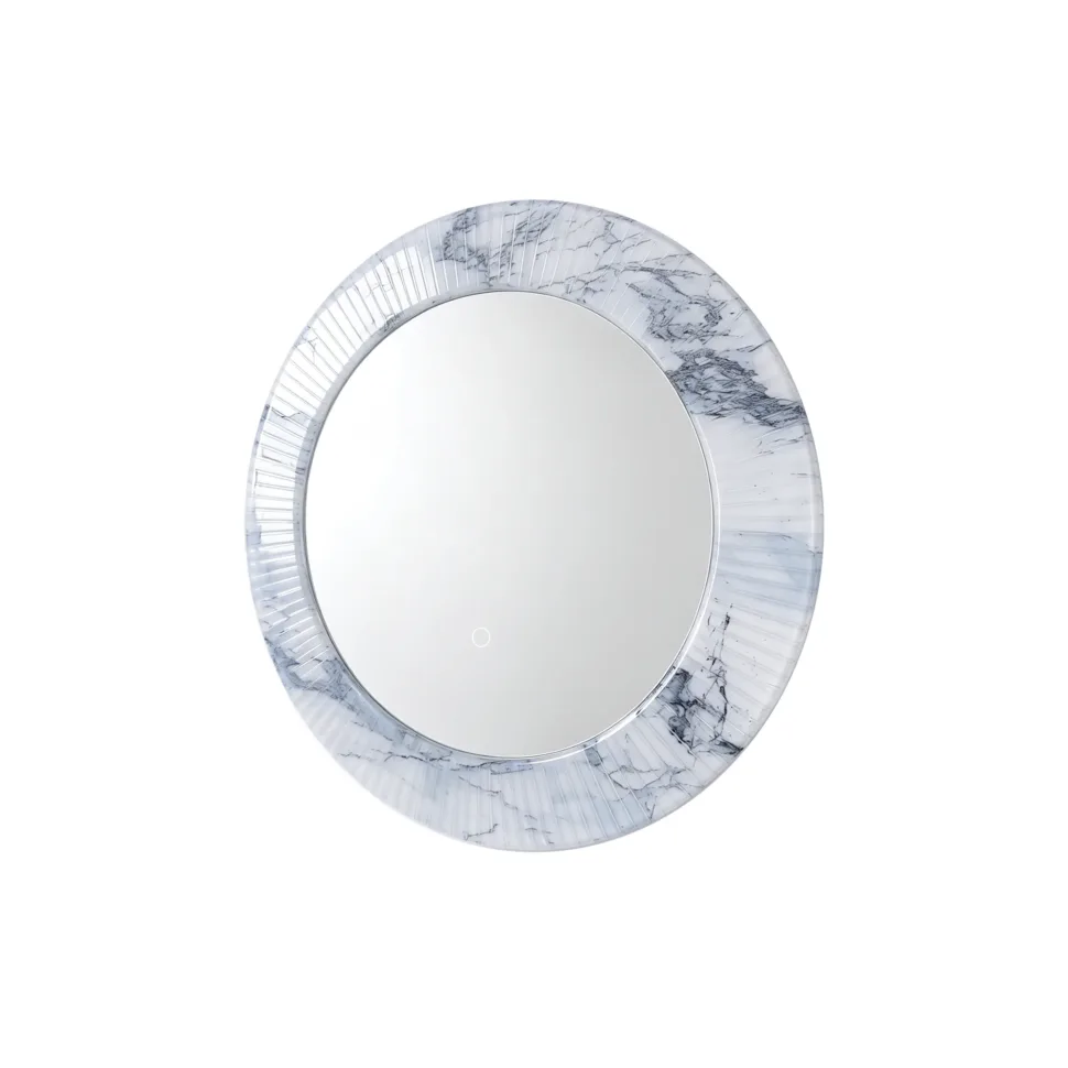 24×24 inch LED Round Mirror with a celadon green acrylic frame and touch sensor. Modern lighted wall round mirror for bathrooms, hotels and OEM/ODM projects.