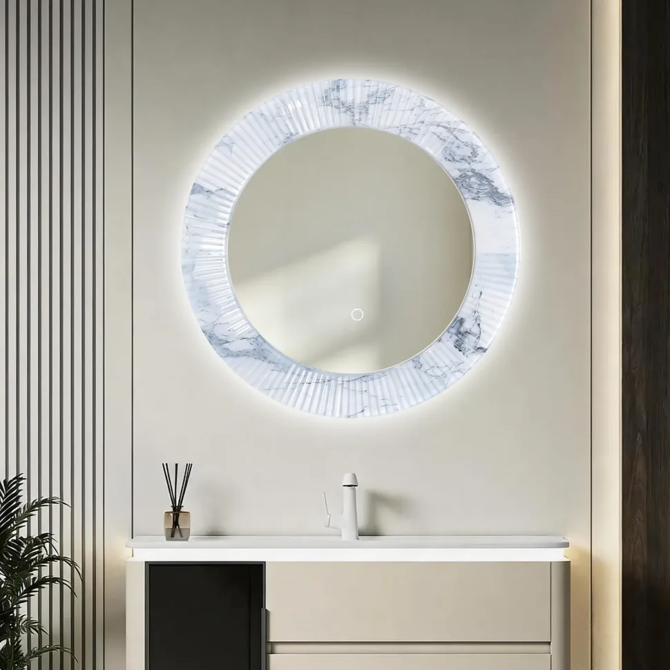 24×24 inch LED Round Mirror with a celadon green acrylic frame and touch sensor. Modern lighted wall round mirror for bathrooms, hotels and OEM/ODM projects.