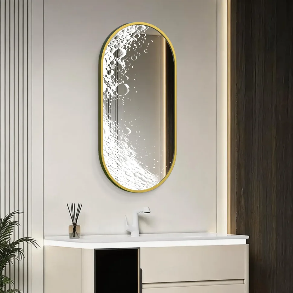 Gold Frame LED Bathroom Mirror with Touchless Sensor,Custom UV Printed Wave Pattern