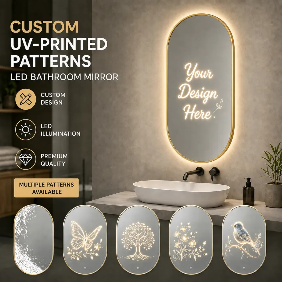 Aosmay Gold Frame LED Bathroom Mirror, featuring a touchless sensor and custom UV printed wave pattern. The elegant gold frame adds a premium look, while LED lighting provides practical illumination. OEM/ODM customization is available for different project and design requirements.