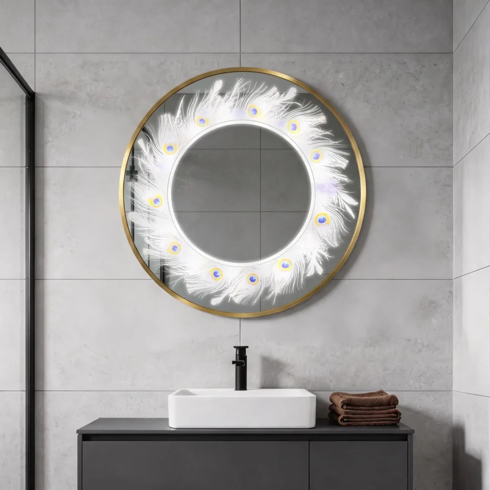 24×24 Inches Gold Frame LED Round Mirror with Touchless Sensor