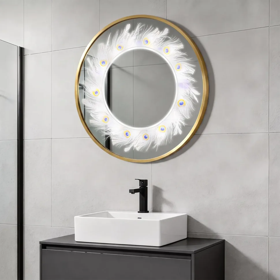 24×24 Inches Gold Frame LED Round Mirror with Touchless Sensor