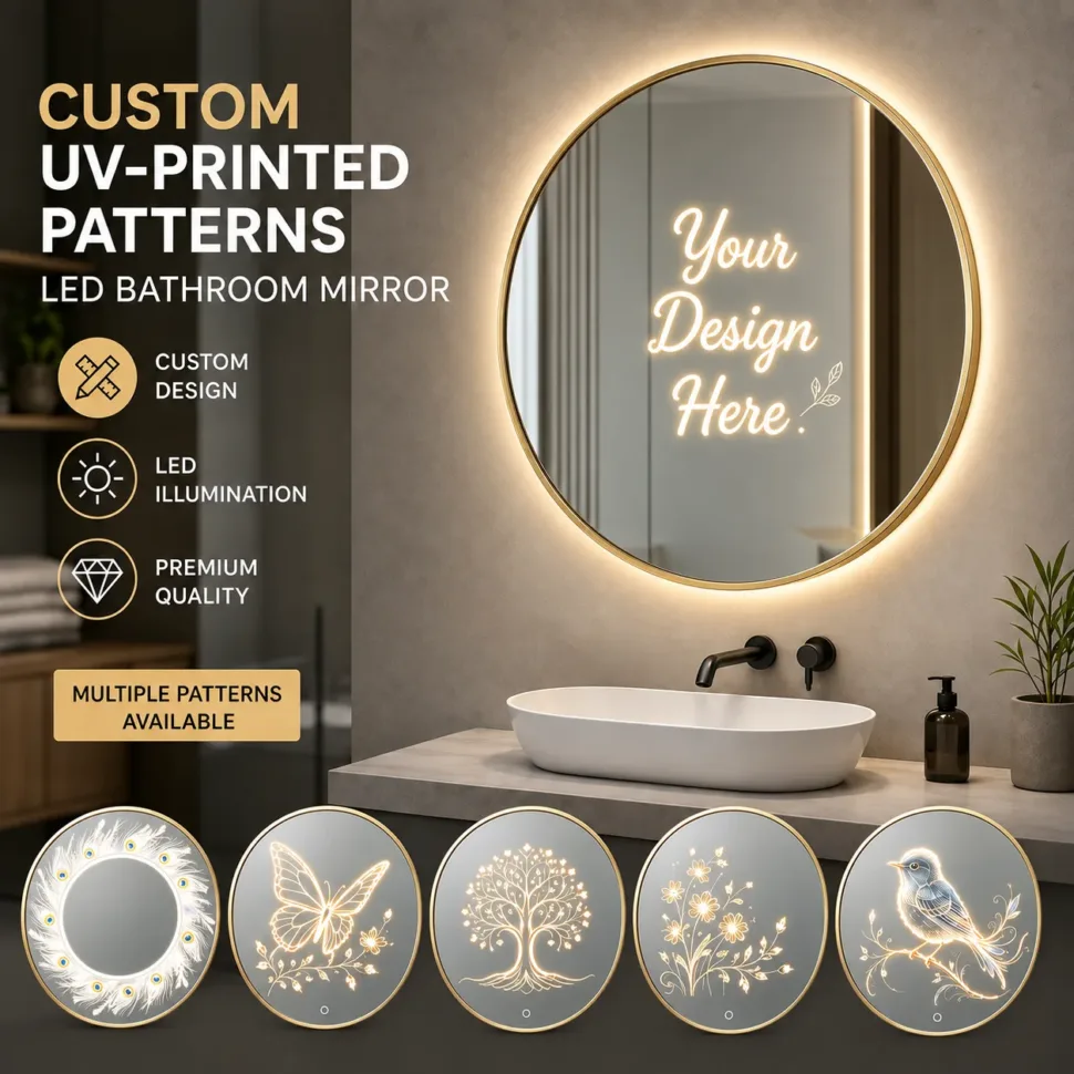 Gold Frame LED Mirror with touchless sensor and custom UV printed decorative pattern. Modern round design, IP44 protection and OEM/ODM customization for B2B projects.