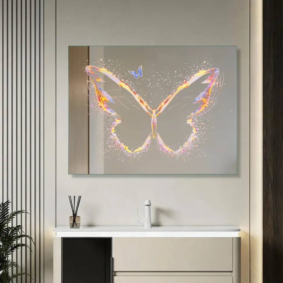 Frameless LED Bathroom Mirror with Touchless Sensor,Custom UV Printed Butterfly Pattern