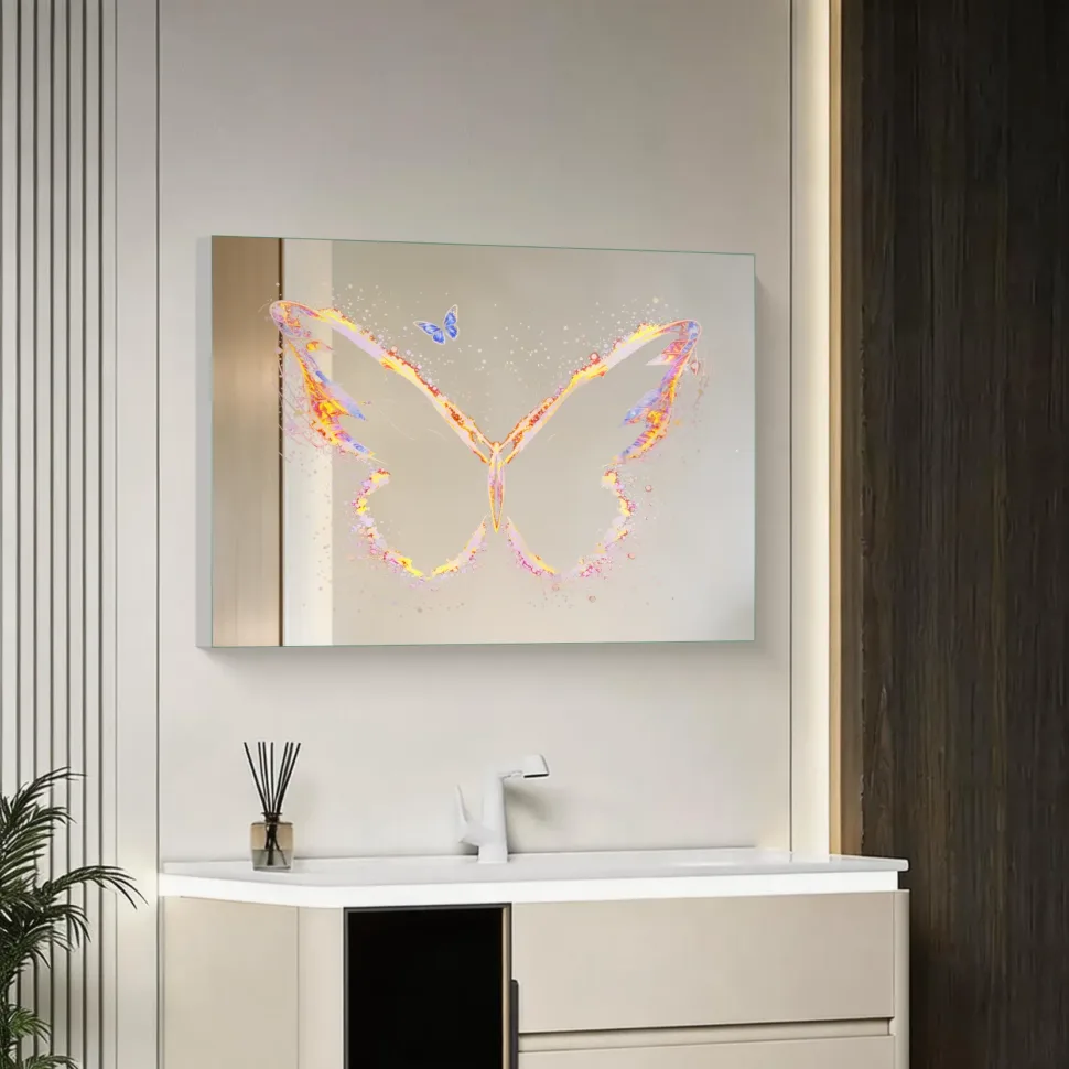 Frameless LED Bathroom Mirror with Touchless Sensor,Custom UV Printed Butterfly Pattern